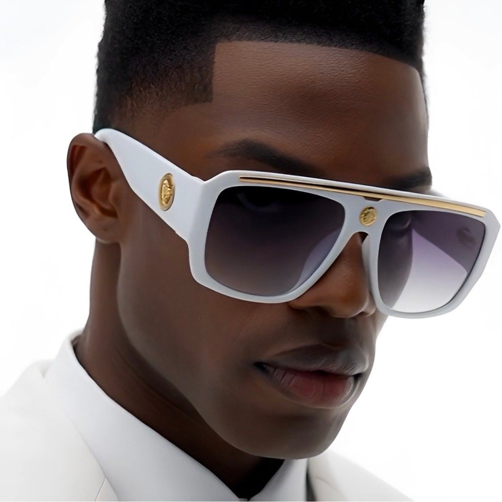 Oversized White Square Sunglasses Gold Medallion Flat Top Gradient Lens Mens New